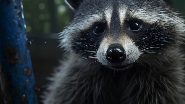 Una foto de un primer plano de la cara de un mapache curioso.