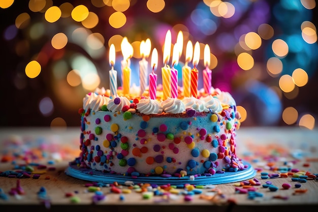 Foto en primer plano de una celebración de cumpleaños con un pastel bellamente decorado velas de colores IA generativa