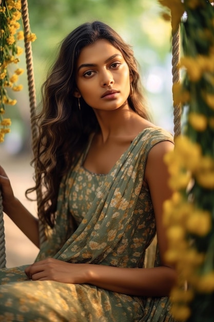 Una foto en primer plano de una chica sentada en el columpio con flores cerca