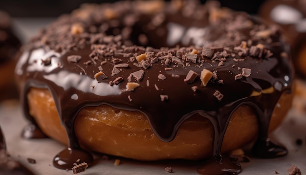 Una foto de primer plano de la cobertura de chocolate de la rosquilla IA generativa