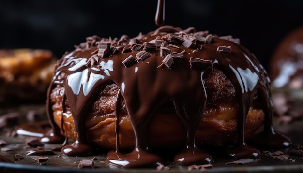 Una foto de primer plano de la cobertura de chocolate de la rosquilla IA generativa