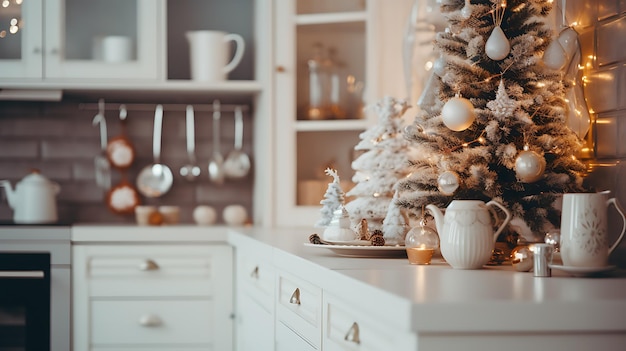 Foto en primer plano de una cocina moderna y acogedora en blanco