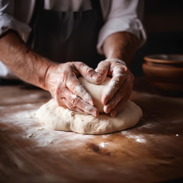 Foto en primer plano de un cocinero haciendo masa de pizza