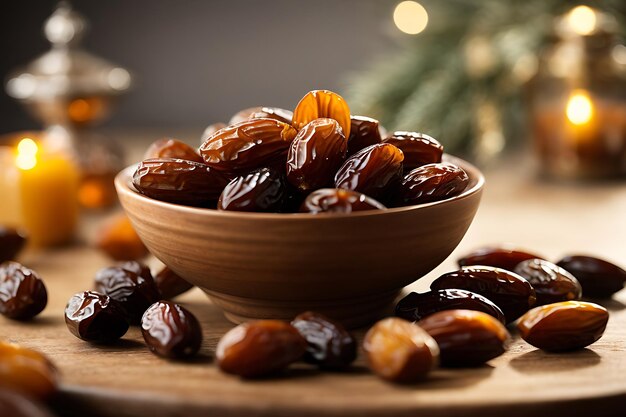 Foto una foto en primer plano de dátiles en un cuenco para el ramadán