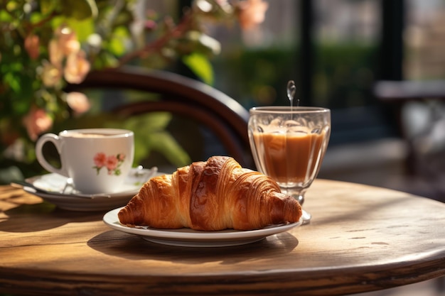 Foto en primer plano de desayuno de café con pasteles croissants IA generativa