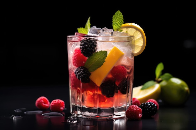 La foto de primer plano destaca el cóctel de frutas alcohólicas frías en vaso con bayas de limón heladas y
