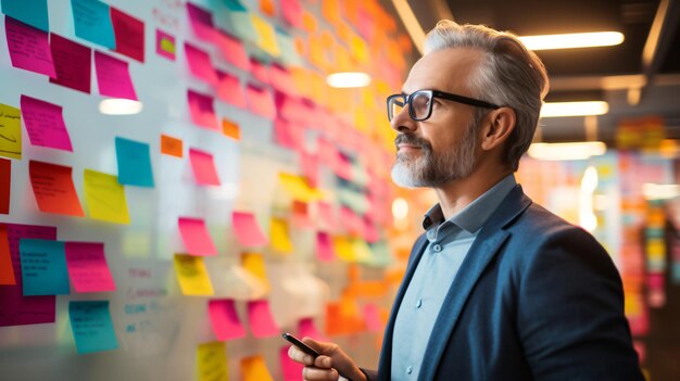 Foto foto en primer plano de un director creativo en una sesión de lluvia de ideas de marketing