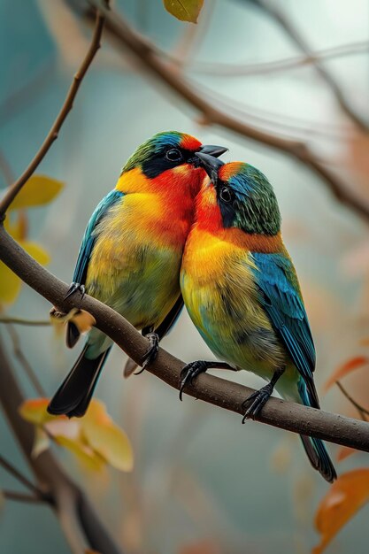 Una foto en primer plano de dos pequeños pájaros coloridos cerca el uno del otro besándose en una rama de árbol para San