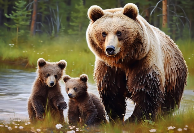 Foto foto en primer plano de una familia de osos salvajes con sus bebés