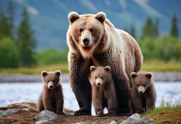 Foto foto en primer plano de una familia de osos salvajes con sus bebés