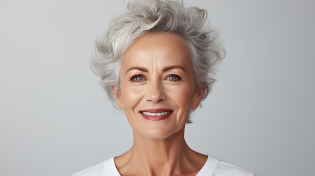 Foto de primer plano de una feliz y hermosa mujer mayor sonriendo con fondo gris generada por IA