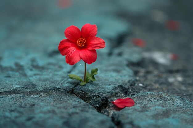 Una foto en primer plano de una flor roja vibrante descansando en la parte superior de una roca texturizada en un aire libre natural