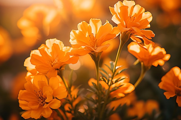 Foto de primer plano de las flores de caléndula con una luz de prisma