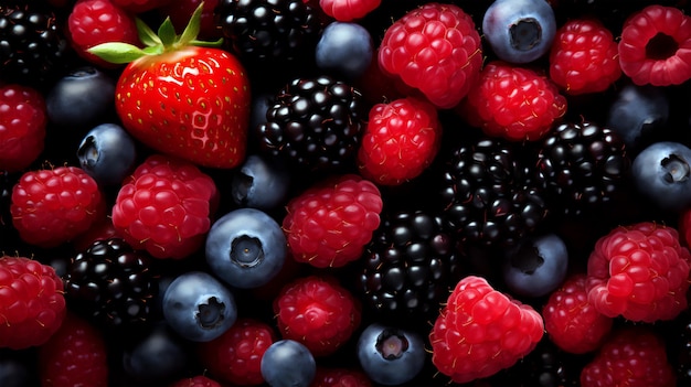 Foto en primer plano de fondo de bayas mixtas frambuesas moras surtido de arándanos