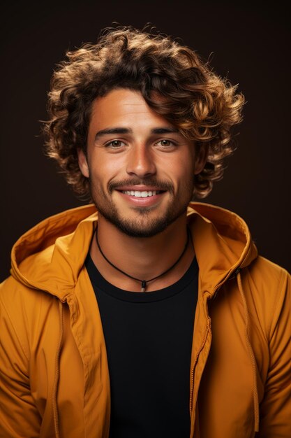 Una foto de primer plano de una foto de un joven con el pelo rizado sonriendo