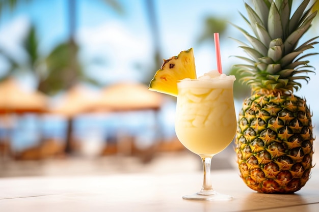 Foto de primer plano de una fruta alcohólica fría refrescante Pina Colada Ai generativo