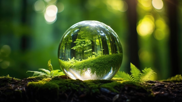 Foto en primer plano de un globo de vidrio anidado en un bosque verde exuberante