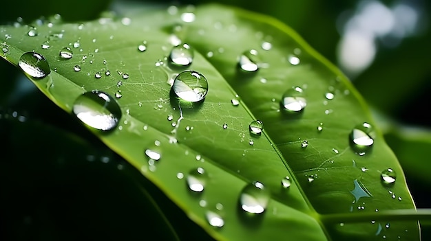 Foto en primer plano de gotas sobre la hoja verde