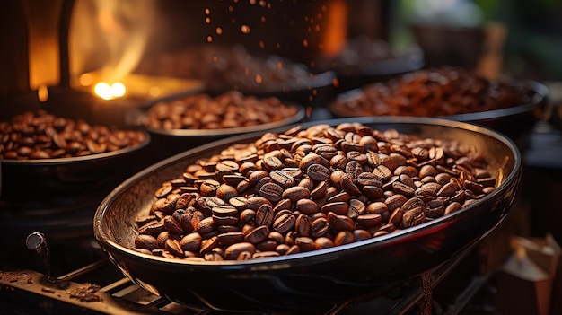 Foto en primer plano de granos de café crudos de primera calidad en un recipiente durante el procesamiento