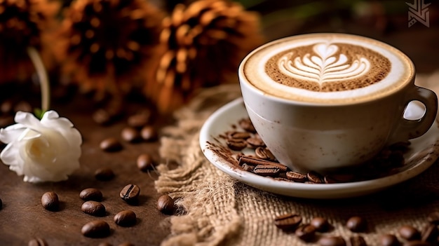 Una foto de primer plano de granos de café y una taza de capuchino caliente con un hermoso arte floral