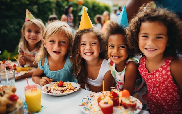 Foto en primer plano de un grupo de niños pequeños y grandes en una fiesta de cumpleaños en el patio trasero