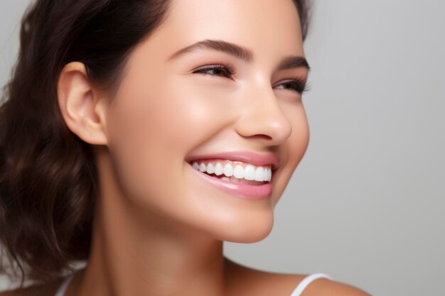 Foto de primer plano de una hermosa sonrisa amplia de una mujer joven y fresca con dientes blancos sanos