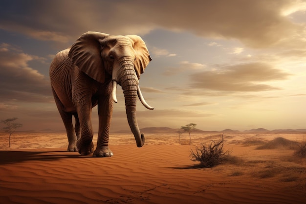 Foto foto en primer plano de un hermoso elefante africano adulto en las llanuras bajo el cielo al atardecer