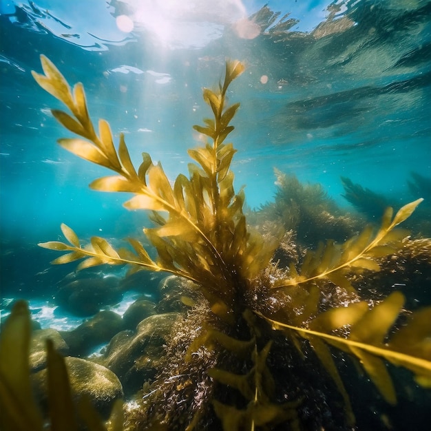 Foto foto en primer plano de una hoja de algas marinas bajo el agua