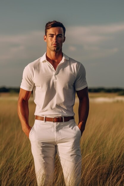 Una foto de primer plano de un hombre con camisa blanca y pantalones marrones de pie en el campo
