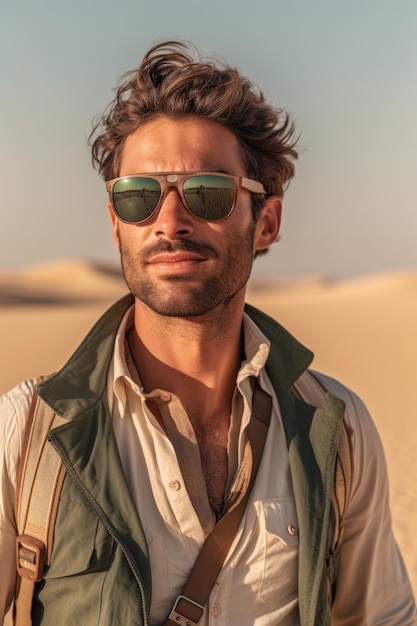 Una foto en primer plano de un hombre en el desierto con gafas de sol