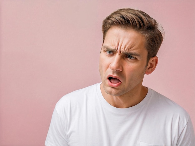 foto en primer plano de un hombre enojado de 35 años de edad, afeitado y con camiseta