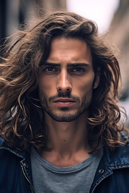 Una foto de primer plano de un hombre hermoso posando con el cabello largo