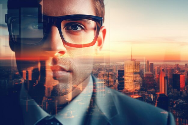 Foto foto de primer plano de un hombre de negocios lindo y elegante con gafas y mirando la ciudad doble exposición