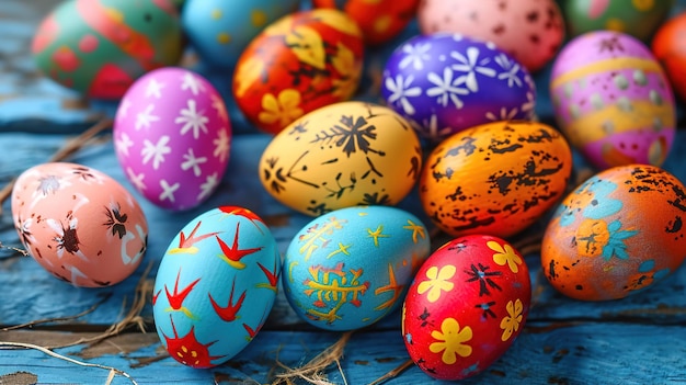 Foto en primer plano de huevos de Pascua coloridos Huevos de Pascua pintados a mano en una mesa de madera Tarjeta postal de Pascua
