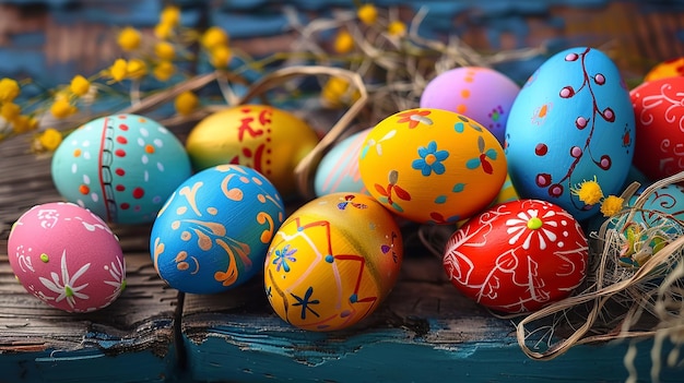 Foto en primer plano de huevos de Pascua coloridos pintados a mano