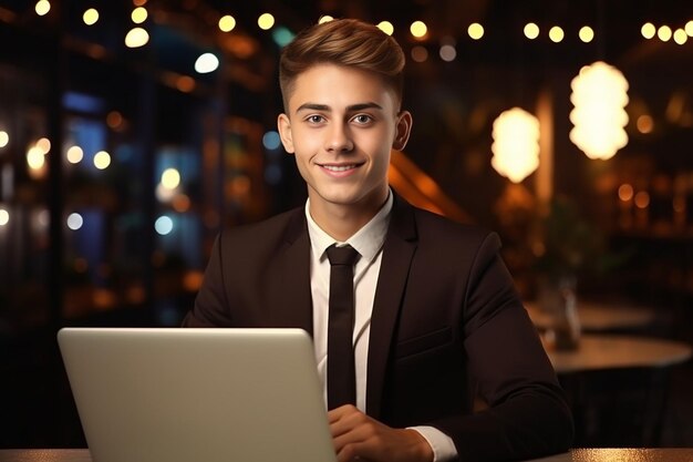 Foto en primer plano de IA generativa Retrato de un joven estudiante vestido con un traje que estudia en línea He l