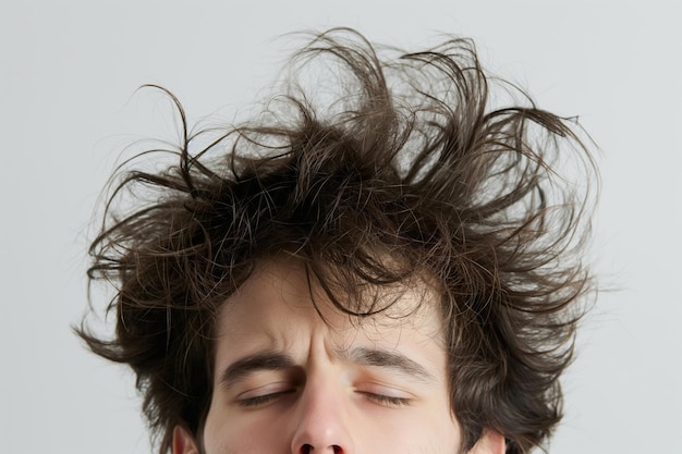 Foto en primer plano de un joven desordenado expresando una actitud despreocupada