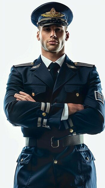 Foto una foto de primer plano de un joven piloto de avión con uniforme y su sombrero de pie