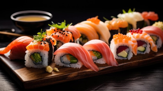 Foto foto de primer plano del juego de sushi rollo de maki de sushi de salmón