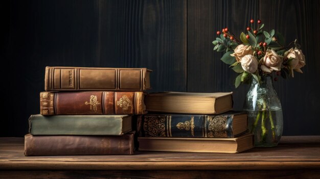 Foto en primer plano de un libro ordenado con flores