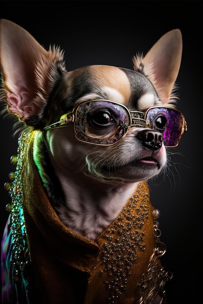 foto de primer plano de un lindo perro sonriente con gafas y ropa glamorosa IA generativa