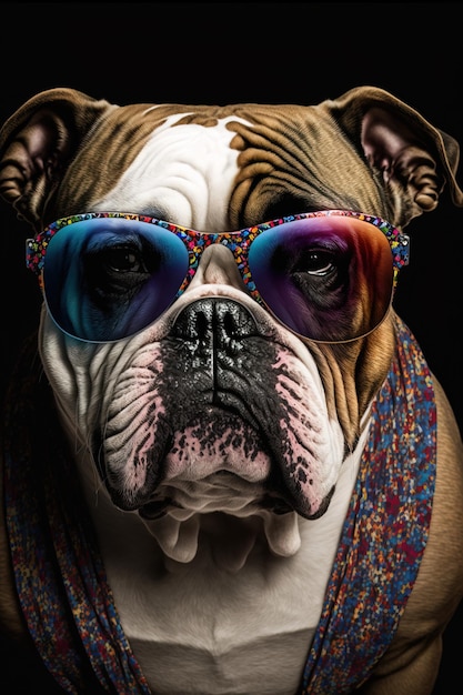 foto de primer plano de un lindo perro sonriente con gafas y ropa glamorosa IA generativa