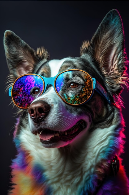 foto de primer plano de un lindo perro sonriente con gafas y ropa glamorosa IA generativa