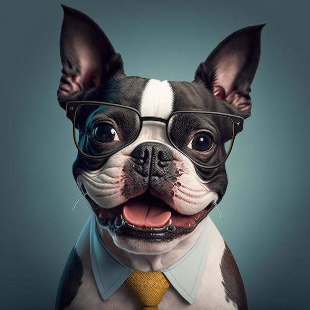 foto de primer plano de un lindo perro sonriente con gafas y ropa glamorosa IA generativa