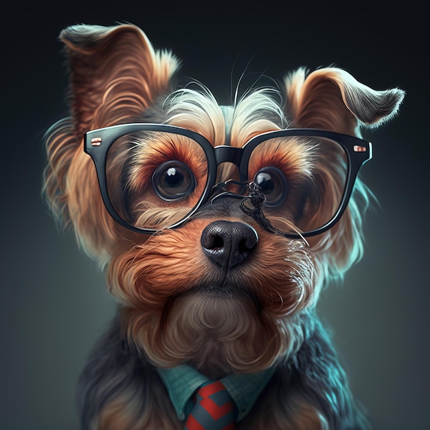 foto de primer plano de un lindo perro sonriente con gafas y ropa glamorosa IA generativa