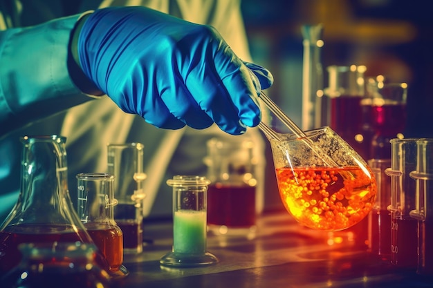 Una foto de primer plano de la mano de un científico vestida con una bata de laboratorio y guantes agarrando un matraz que contiene una solución química IA generativa