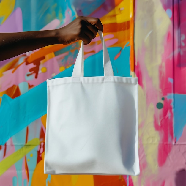 Foto en primer plano de una mano femenina sosteniendo una bolsa de compras vacía y clara