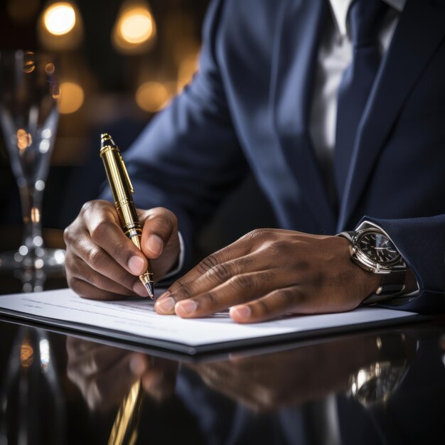 Foto de un primer plano de la mano de un hombre de negocios firmando un contrato