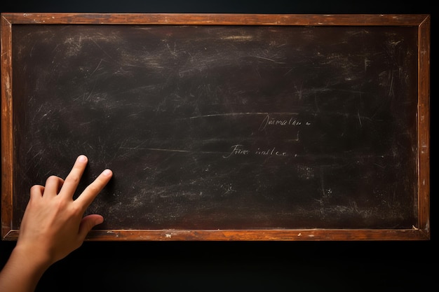 Foto de un primer plano de la mano de una persona escribiendo en una pizarra IA generativa