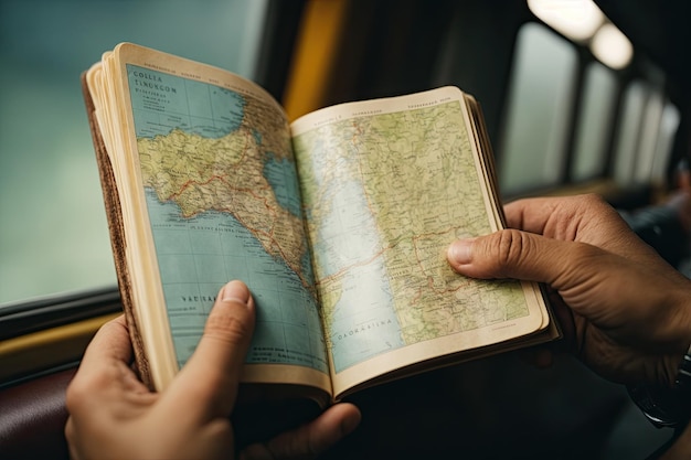 Una foto en primer plano de la mano de un viajero sosteniendo una guía de viajes bien desgastada y marcada